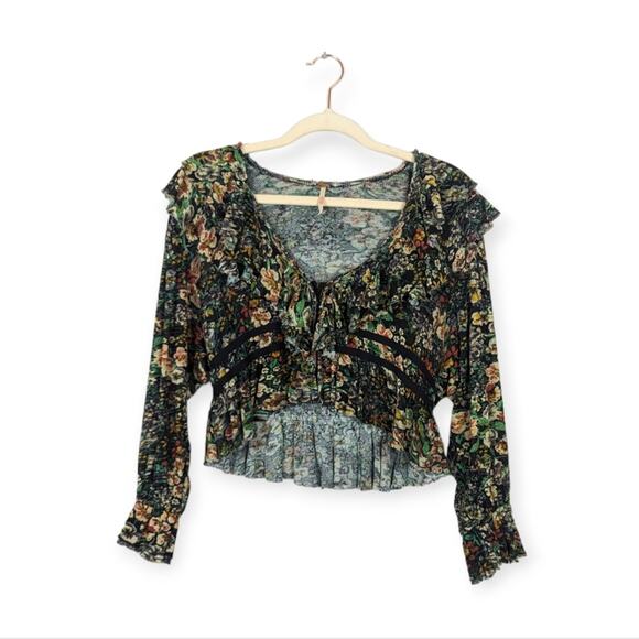 Free People Night Garden Combo Rudi Ruffle Long Sleeve Crop Top - Picture 2 of 9